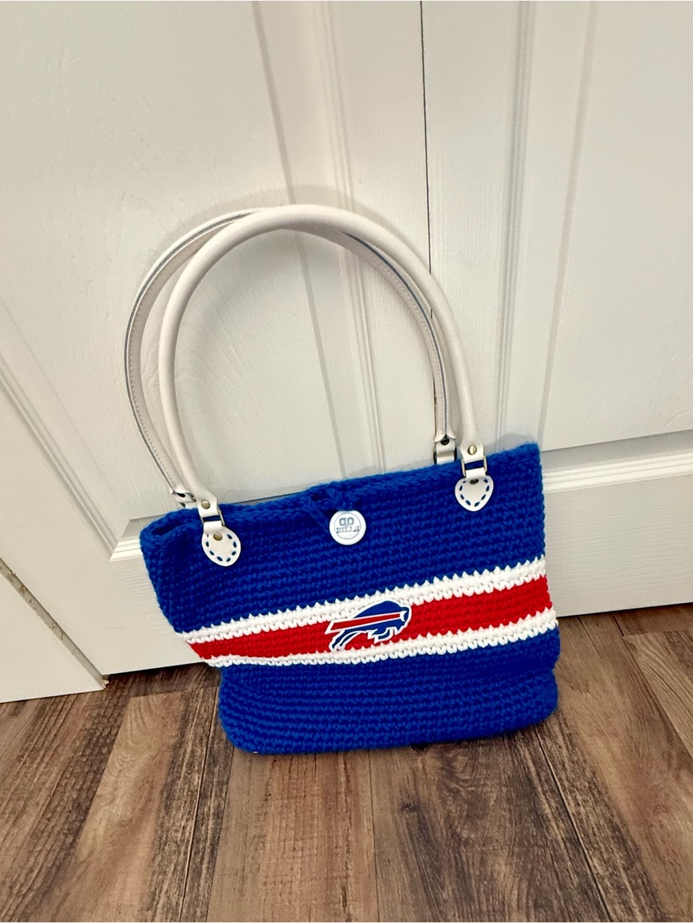 Buffalo Bills Stripe Handmade Crochet Tote with White Leather Handles